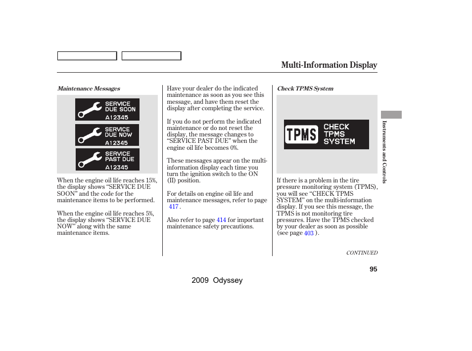 Multi-information display, 2009 odyssey | HONDA 2009 Odyssey User Manual | Page 98 / 532