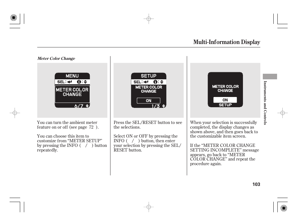 Multi-information display | HONDA 2012 Insight User Manual | Page 109 / 418