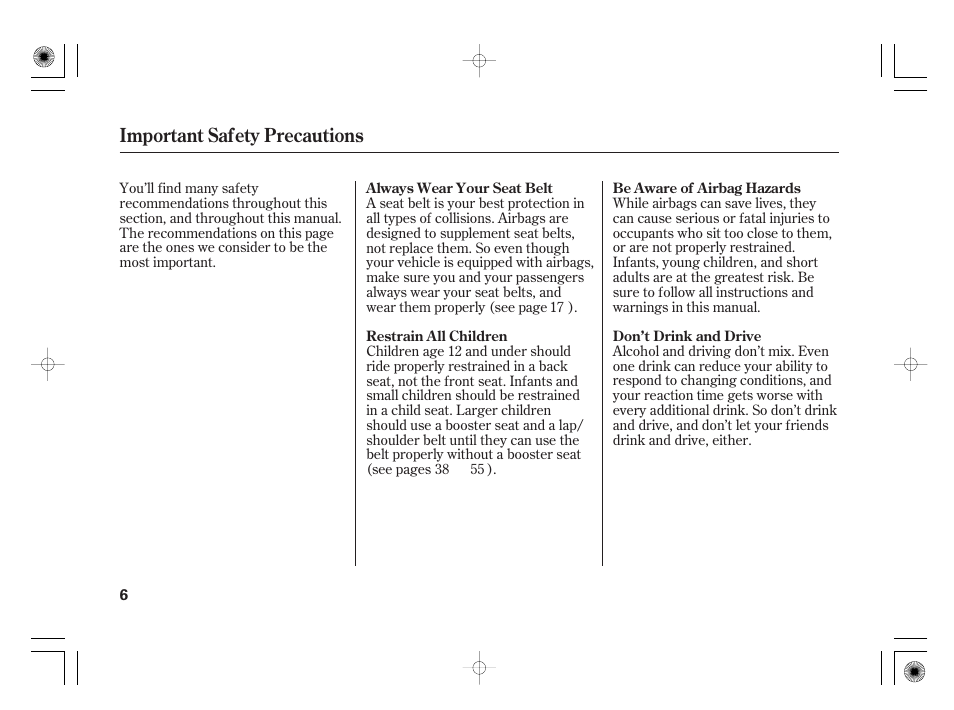 Important safety precautions | HONDA 2012 Insight User Manual | Page 12 / 418