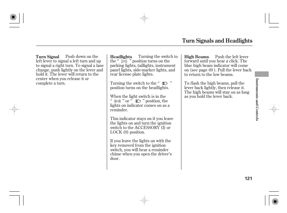 Turn signals and headlights | HONDA 2012 Insight User Manual | Page 127 / 418
