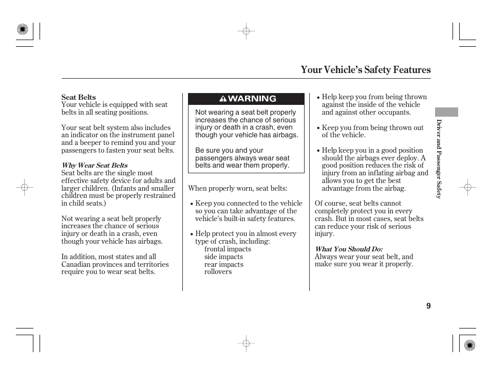 Your vehicle’s safety features | HONDA 2012 Insight User Manual | Page 15 / 418