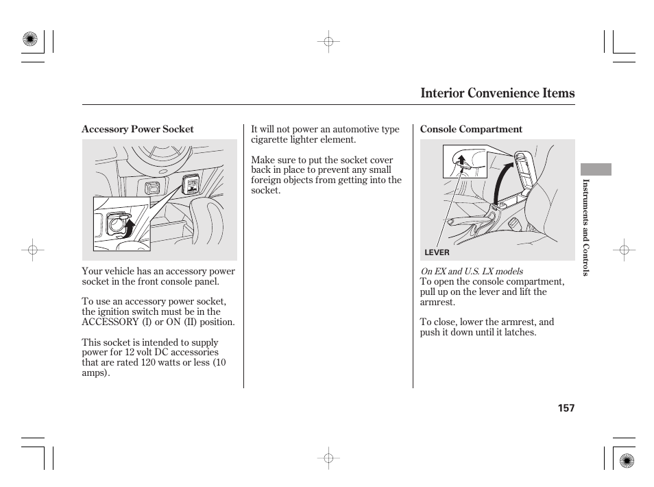 Interior convenience items | HONDA 2012 Insight User Manual | Page 163 / 418