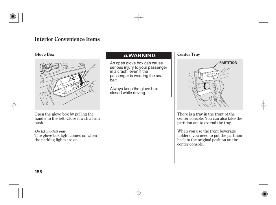 Interior convenience items | HONDA 2012 Insight User Manual | Page 164 / 418