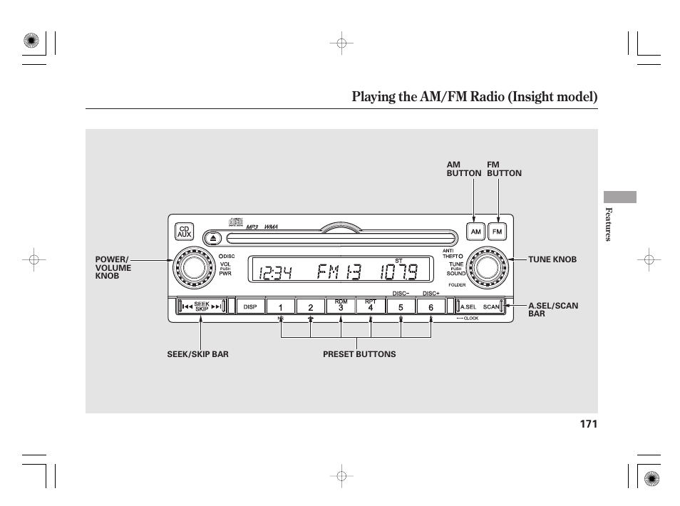 Playing the am/fm radio (insight model) | HONDA 2012 Insight User Manual | Page 177 / 418