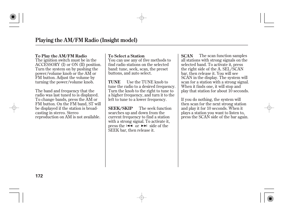 Playing the am/fm radio (insight model) | HONDA 2012 Insight User Manual | Page 178 / 418