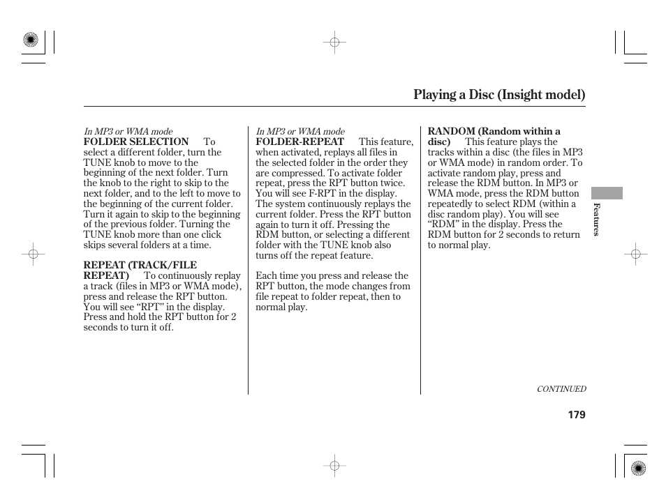 Playing a disc (insight model) | HONDA 2012 Insight User Manual | Page 185 / 418
