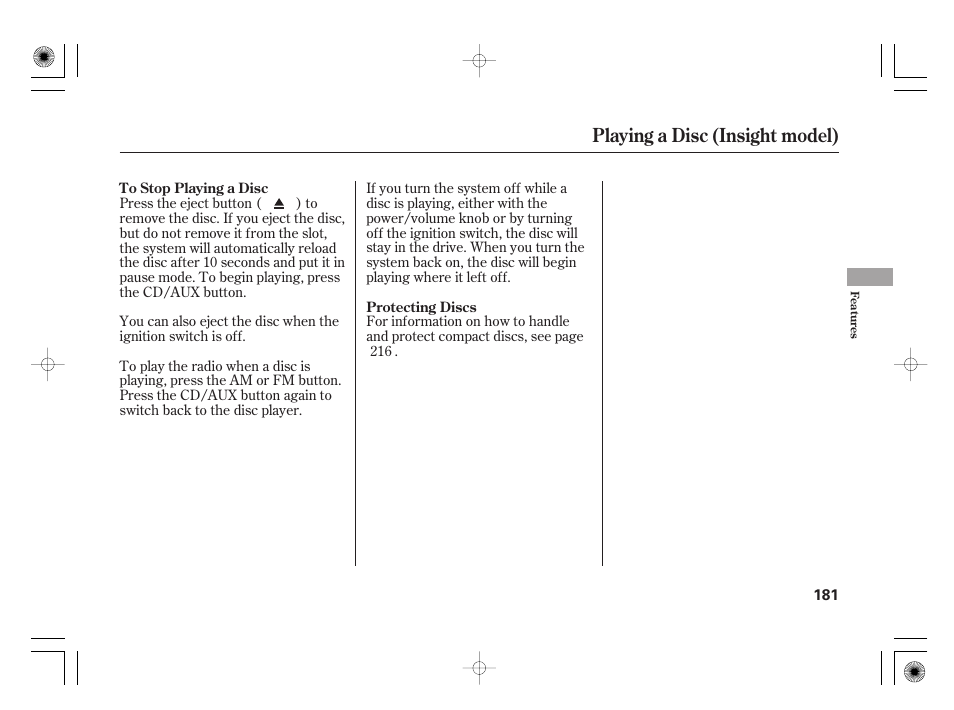Playing a disc (insight model) | HONDA 2012 Insight User Manual | Page 187 / 418