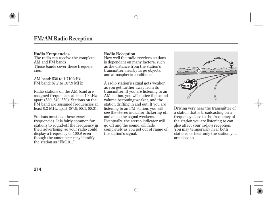 Fm/am radio reception | HONDA 2012 Insight User Manual | Page 220 / 418