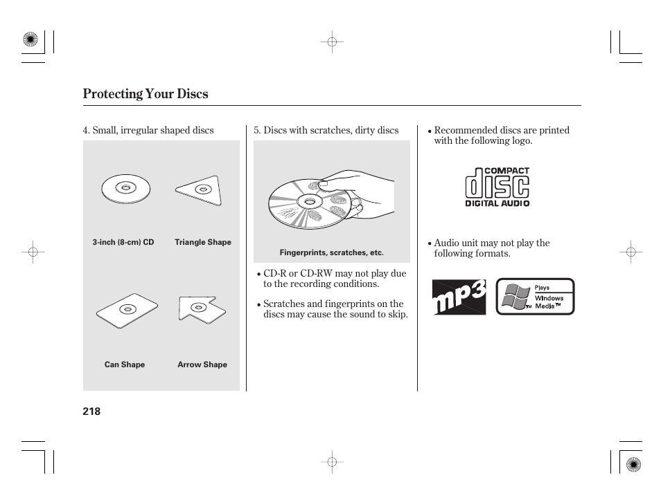 Protecting your discs | HONDA 2012 Insight User Manual | Page 224 / 418