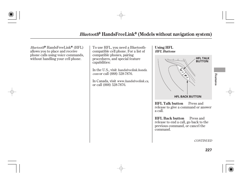 Handsfreelink (models without navigation system), Bluetooth | HONDA 2012 Insight User Manual | Page 233 / 418