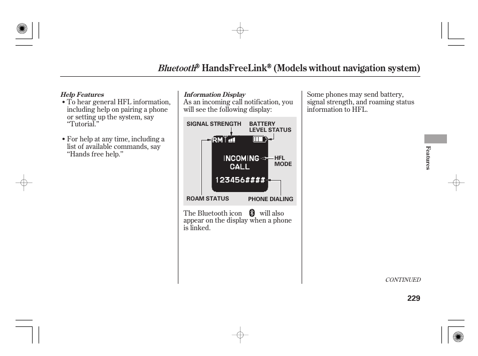 Handsfreelink (models without navigation system), Bluetooth | HONDA 2012 Insight User Manual | Page 235 / 418