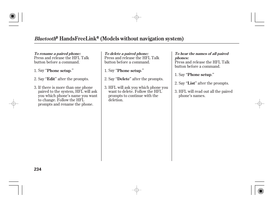 Handsfreelink (models without navigation system), Bluetooth | HONDA 2012 Insight User Manual | Page 240 / 418