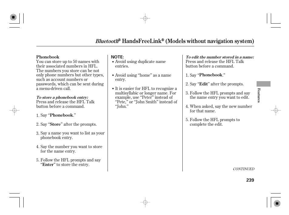 Handsfreelink (models without navigation system), Bluetooth | HONDA 2012 Insight User Manual | Page 245 / 418