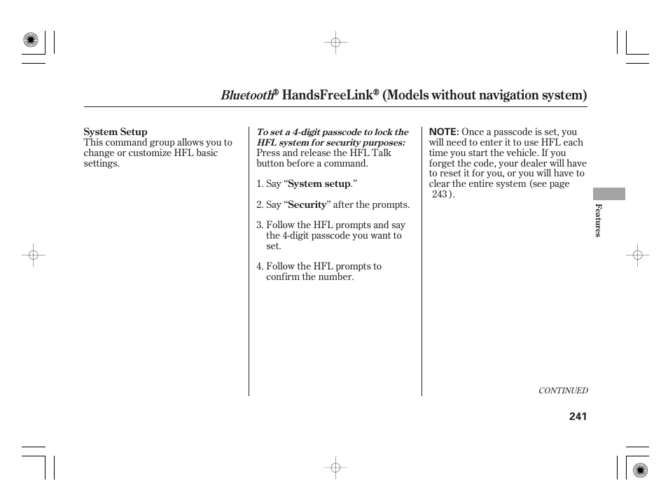 Handsfreelink (models without navigation system), Bluetooth | HONDA 2012 Insight User Manual | Page 247 / 418