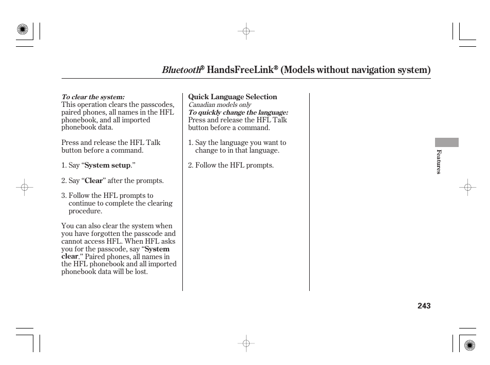 Handsfreelink (models without navigation system), Bluetooth | HONDA 2012 Insight User Manual | Page 249 / 418