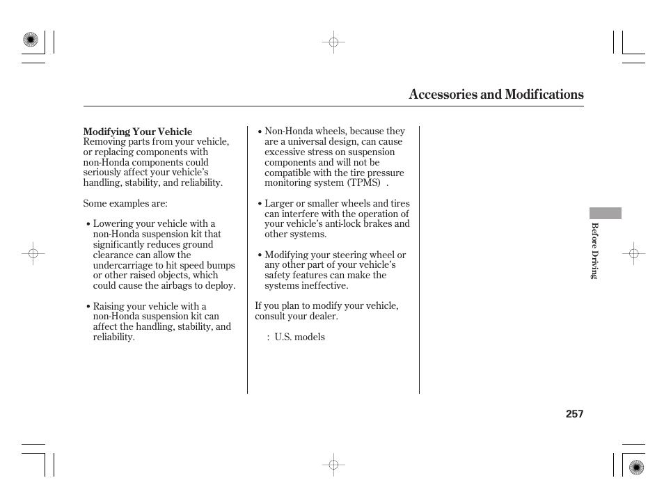 Accessories and modifications | HONDA 2012 Insight User Manual | Page 263 / 418