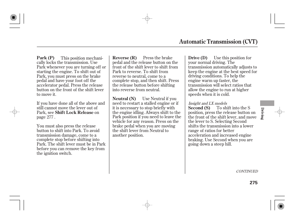 Automatic transmission (cvt) | HONDA 2012 Insight User Manual | Page 281 / 418