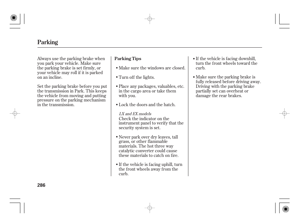 Parking | HONDA 2012 Insight User Manual | Page 292 / 418