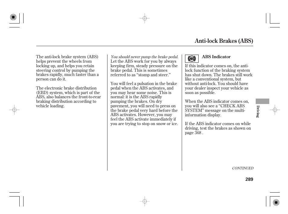 Anti-lock brakes (abs) | HONDA 2012 Insight User Manual | Page 295 / 418