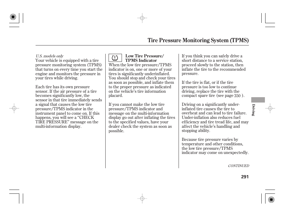 Tire pressure monitoring system (tpms) | HONDA 2012 Insight User Manual | Page 297 / 418