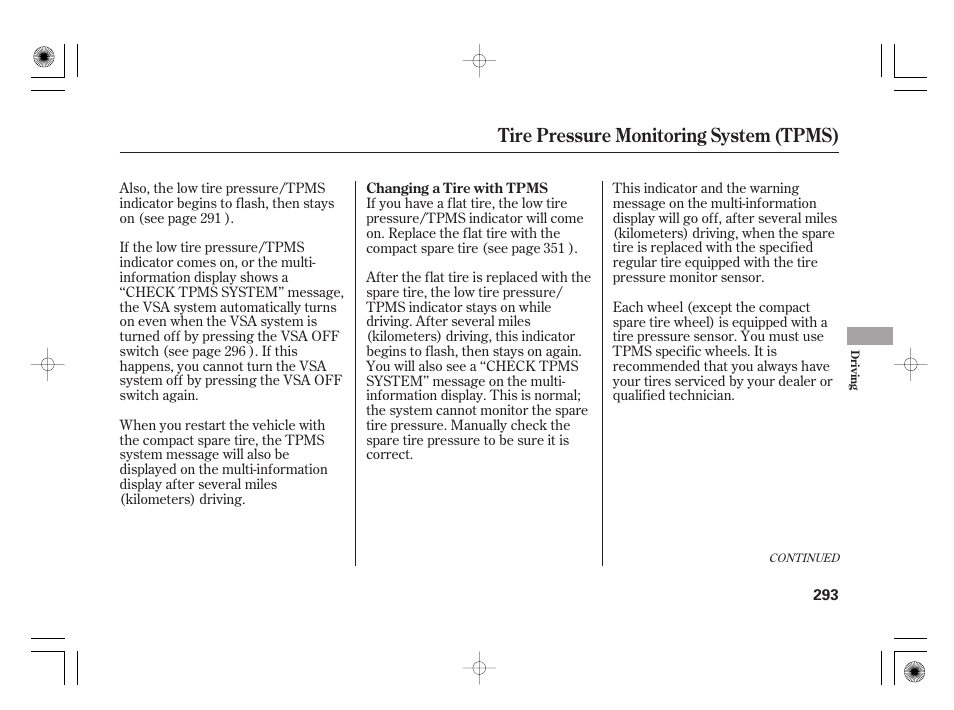 Tire pressure monitoring system (tpms) | HONDA 2012 Insight User Manual | Page 299 / 418
