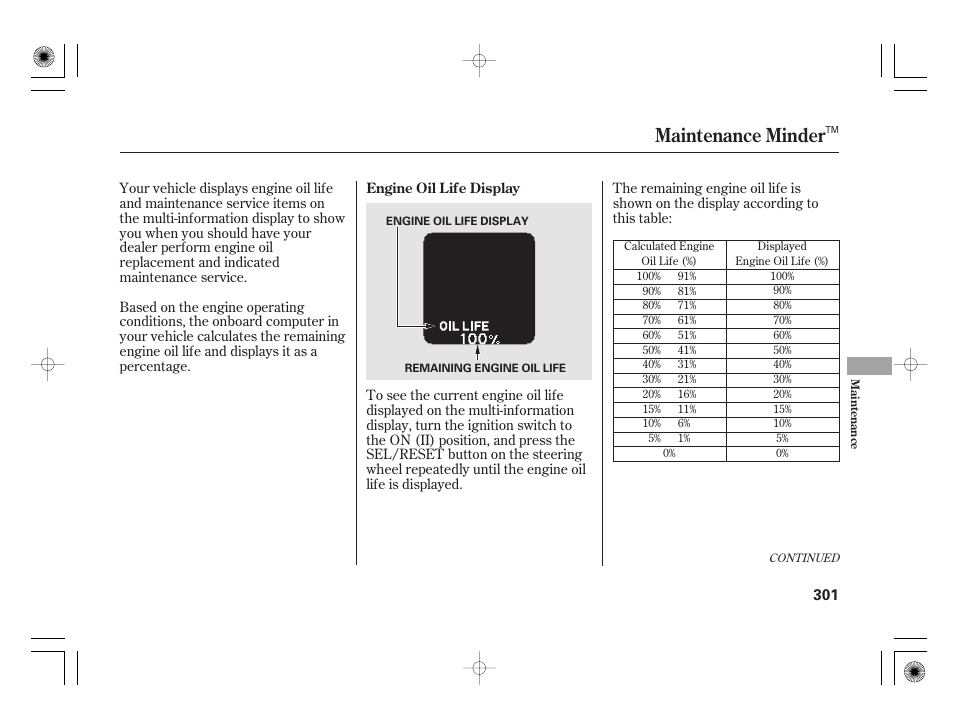 Maintenance minder | HONDA 2012 Insight User Manual | Page 307 / 418