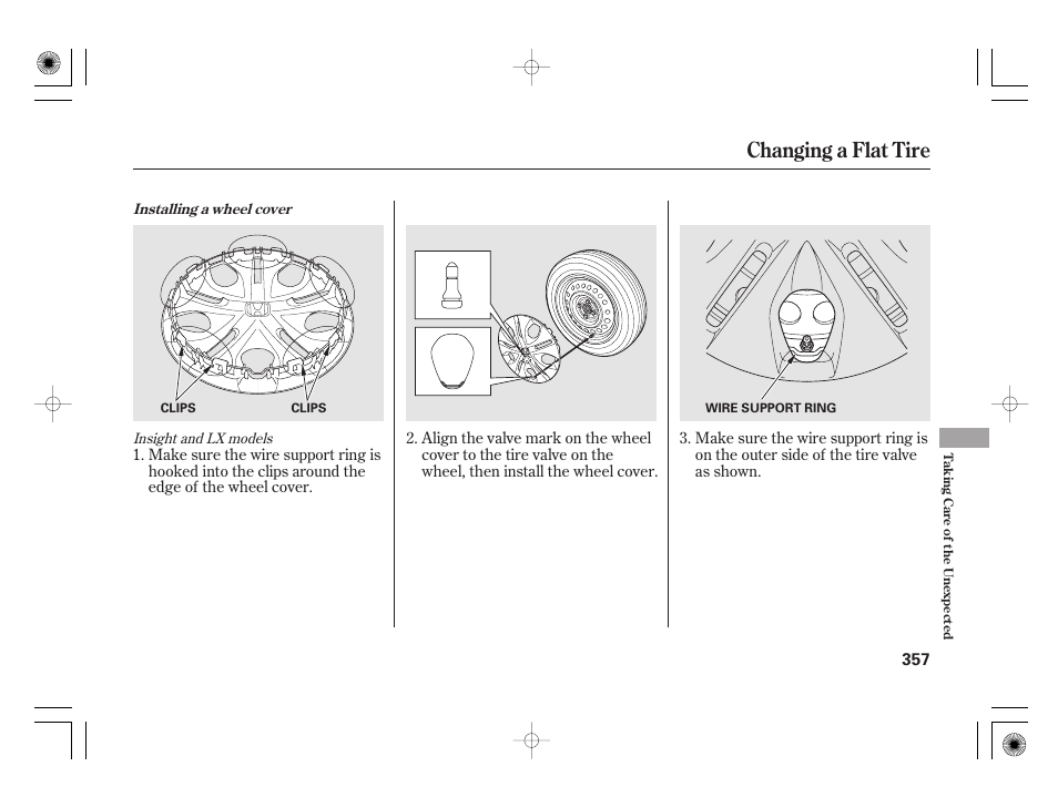 Changing a flat tire | HONDA 2012 Insight User Manual | Page 363 / 418