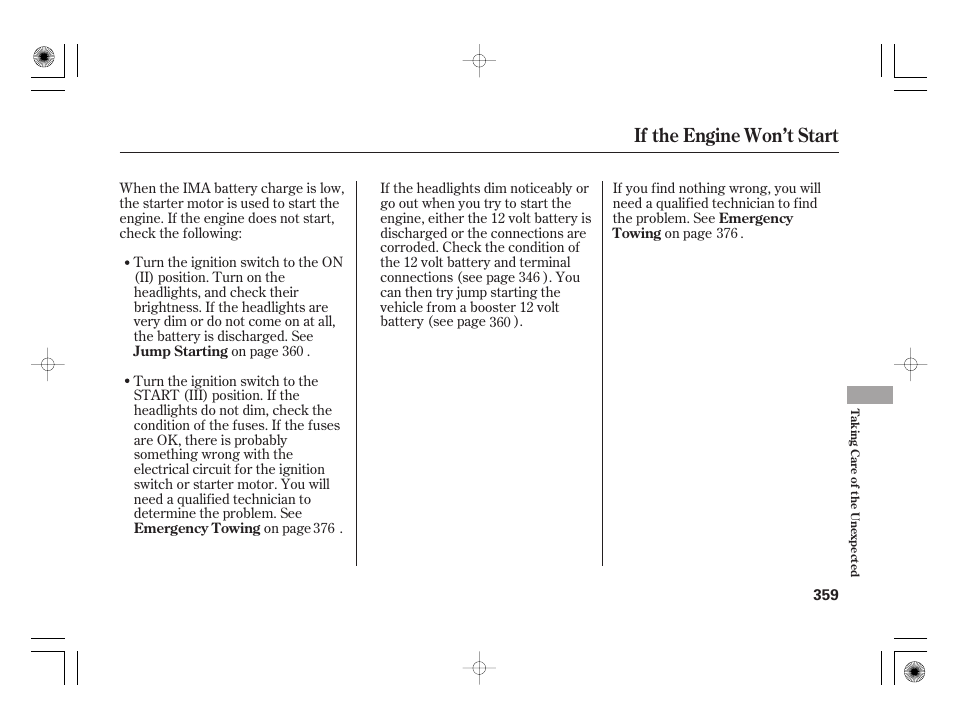 If the engine won’t start | HONDA 2012 Insight User Manual | Page 365 / 418