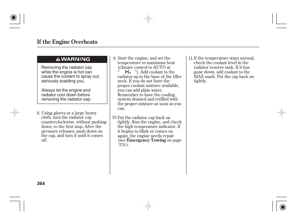 If the engine overheats | HONDA 2012 Insight User Manual | Page 370 / 418