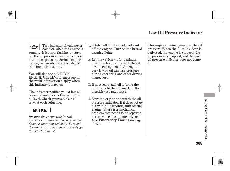 Low oil pressure indicator | HONDA 2012 Insight User Manual | Page 371 / 418