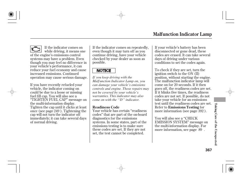 Malfunction indicator lamp | HONDA 2012 Insight User Manual | Page 373 / 418