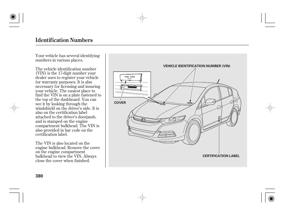 Identification numbers | HONDA 2012 Insight User Manual | Page 386 / 418