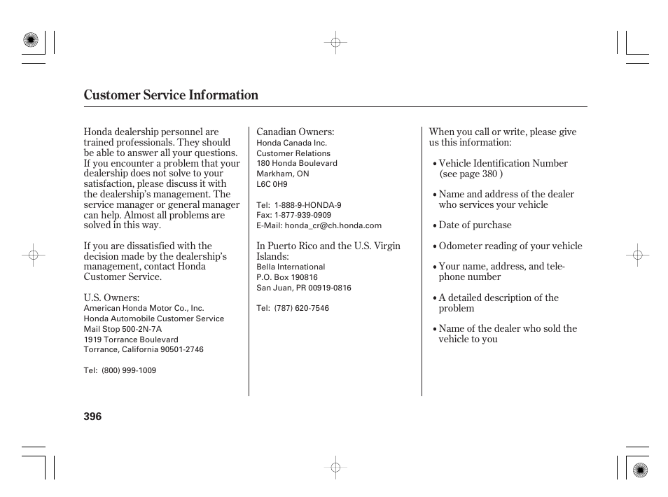 Customer service information | HONDA 2012 Insight User Manual | Page 402 / 418