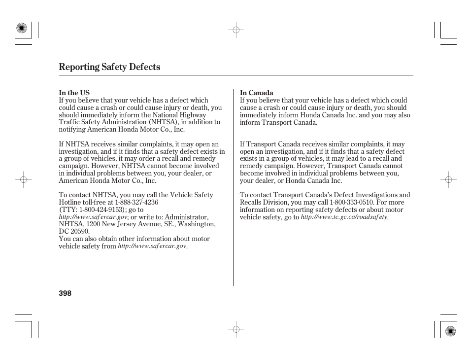Reporting safety defects | HONDA 2012 Insight User Manual | Page 404 / 418