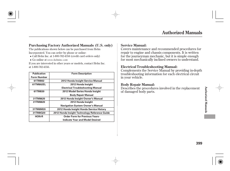 Authorized manuals | HONDA 2012 Insight User Manual | Page 405 / 418