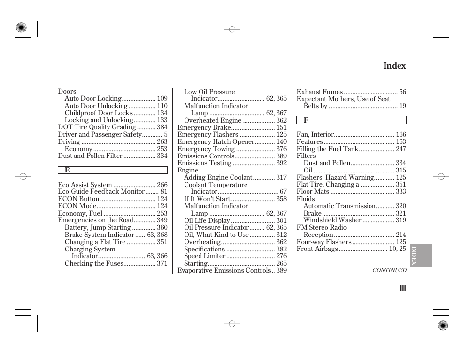 Index | HONDA 2012 Insight User Manual | Page 409 / 418