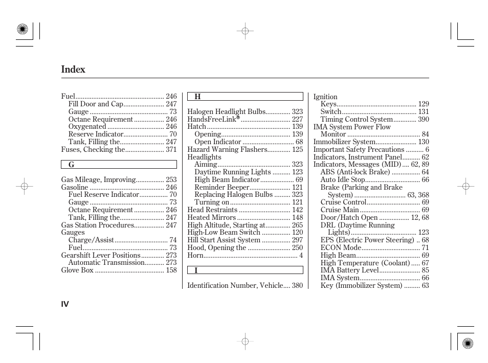 Index | HONDA 2012 Insight User Manual | Page 410 / 418