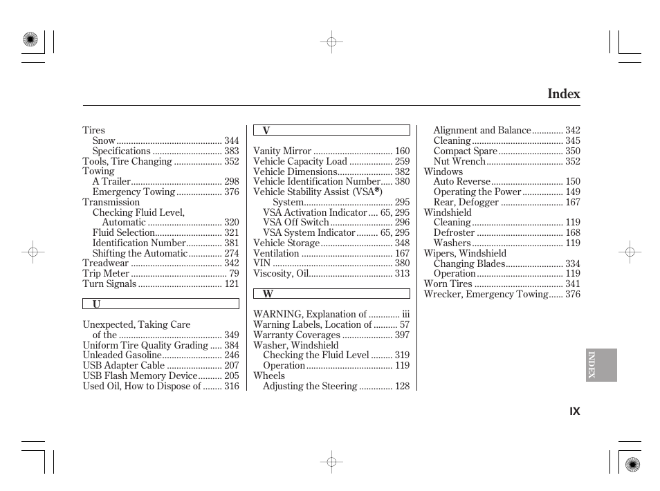 Index | HONDA 2012 Insight User Manual | Page 415 / 418
