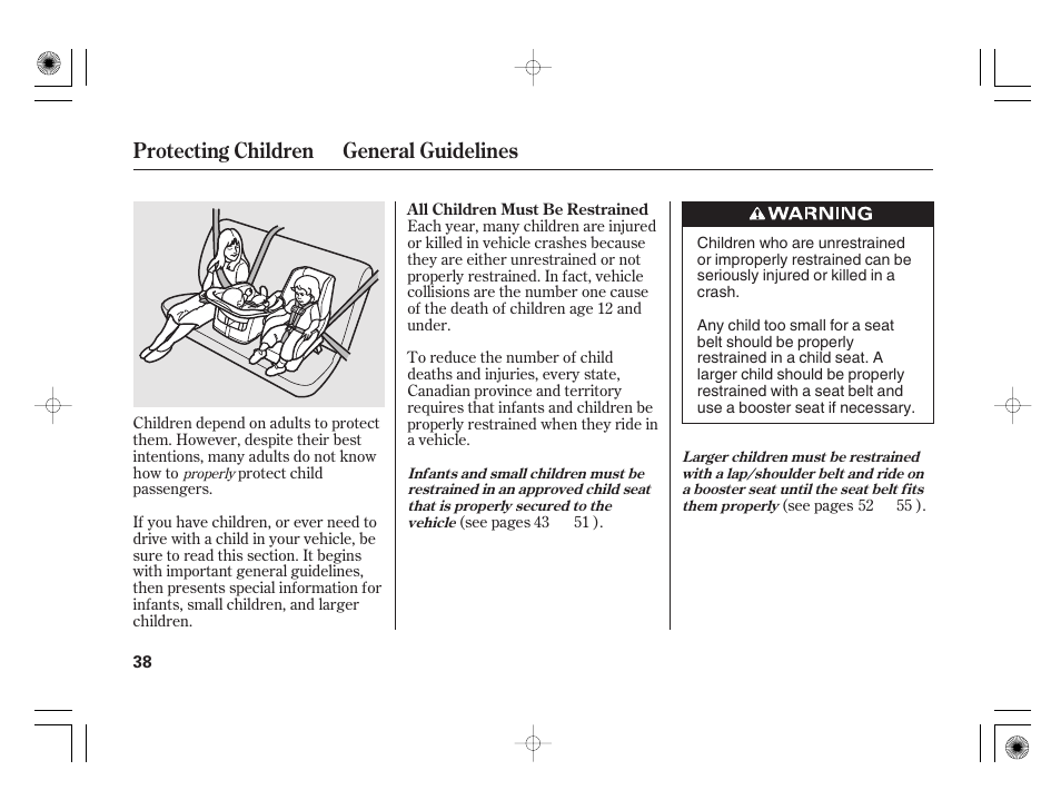 Protecting children general guidelines | HONDA 2012 Insight User Manual | Page 44 / 418