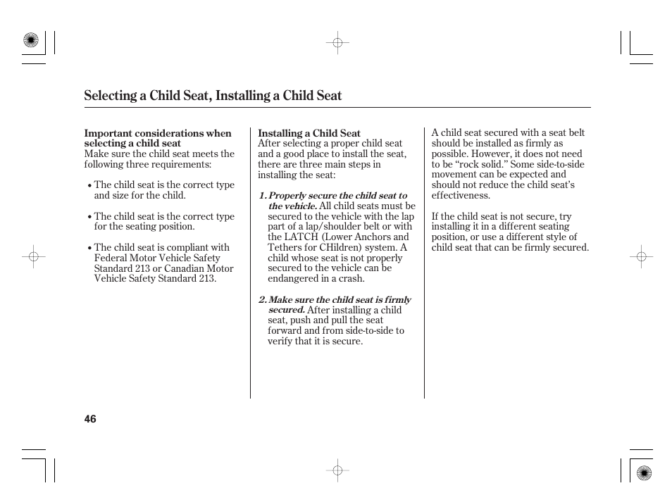 Selecting a child seat, installing a child seat | HONDA 2012 Insight User Manual | Page 52 / 418
