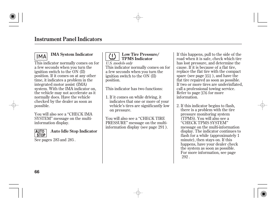 Instrument panel indicators | HONDA 2012 Insight User Manual | Page 72 / 418