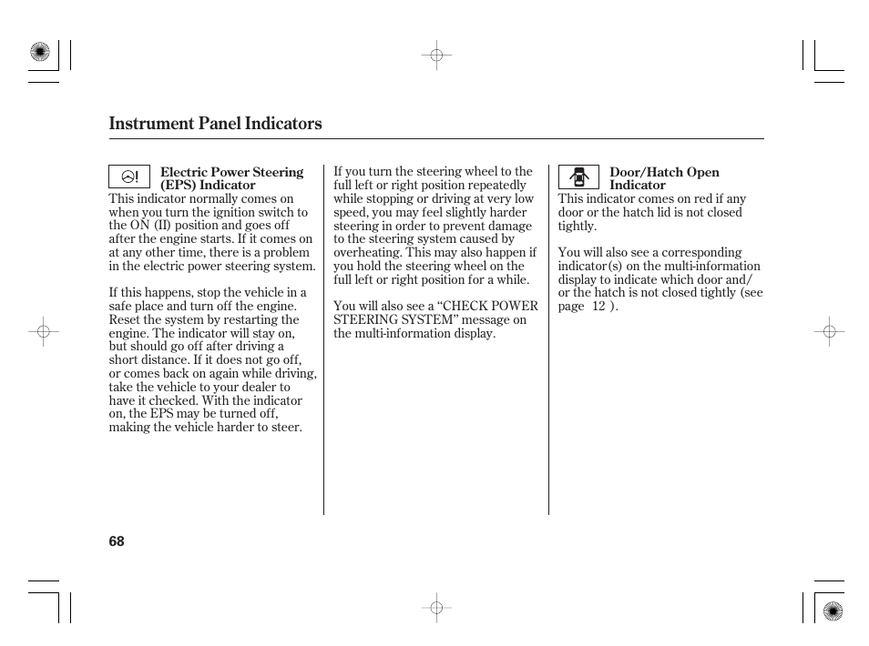 Instrument panel indicators | HONDA 2012 Insight User Manual | Page 74 / 418