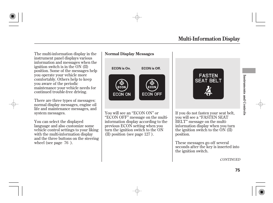 Multi-information display | HONDA 2012 Insight User Manual | Page 81 / 418