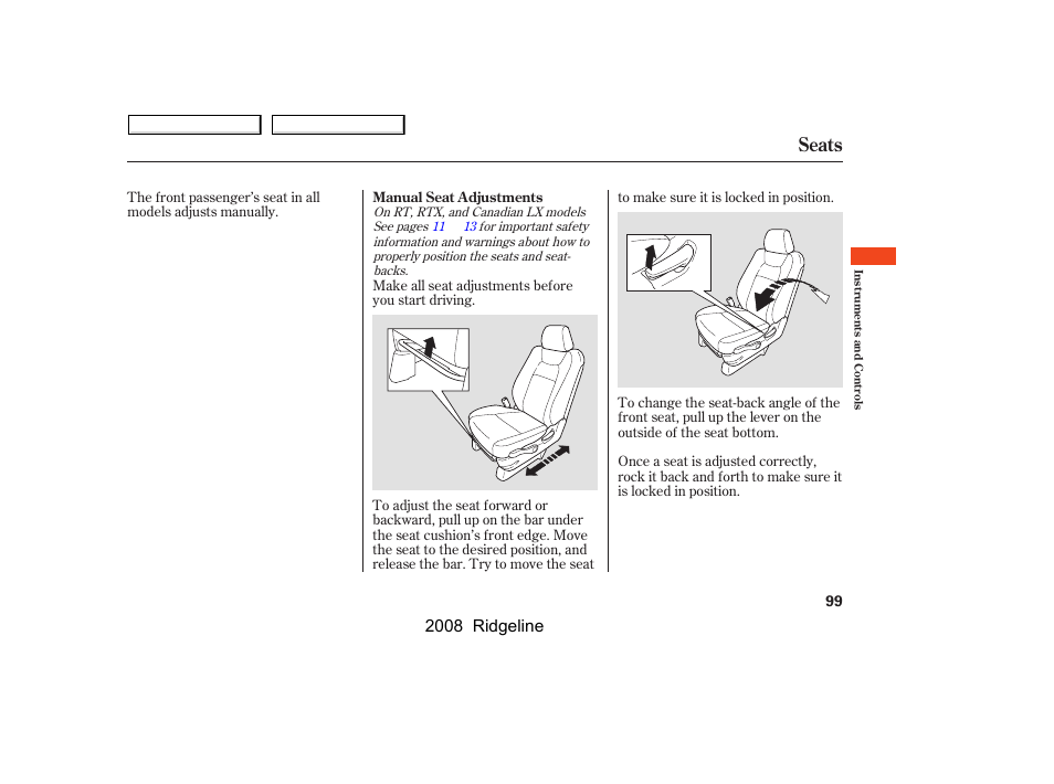 Seats, 2008 ridgeline | HONDA 2008 Ridgeline User Manual | Page 103 / 341