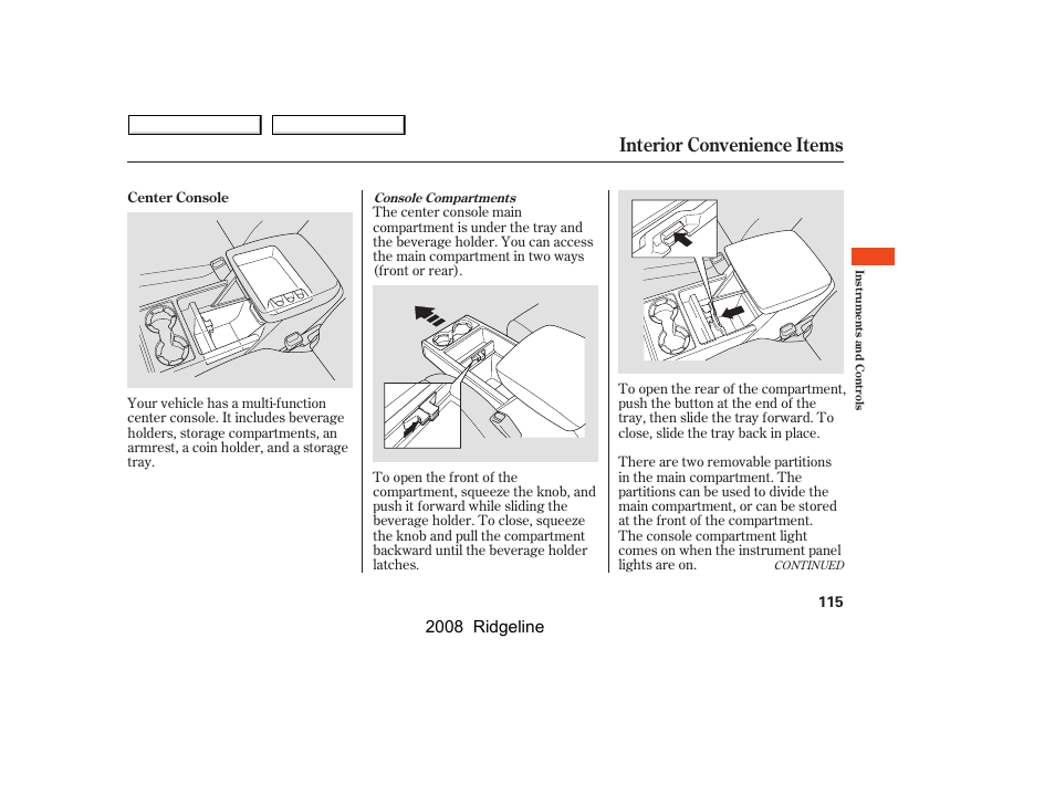 Interior convenience items, 2008 ridgeline | HONDA 2008 Ridgeline User Manual | Page 119 / 341