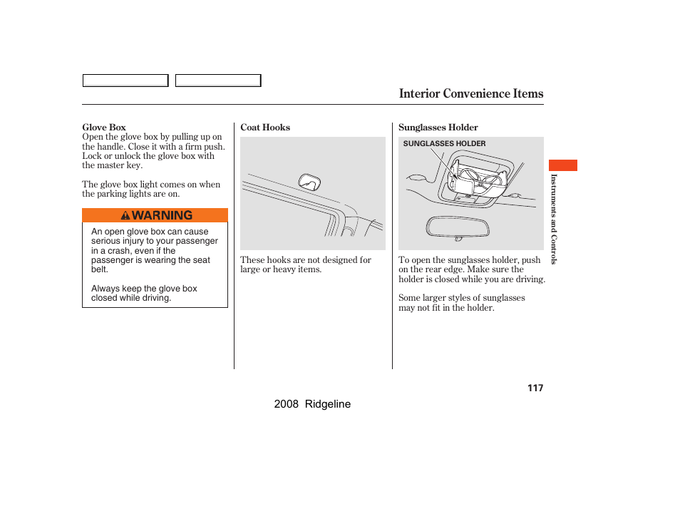 Interior convenience items, 2008 ridgeline | HONDA 2008 Ridgeline User Manual | Page 121 / 341