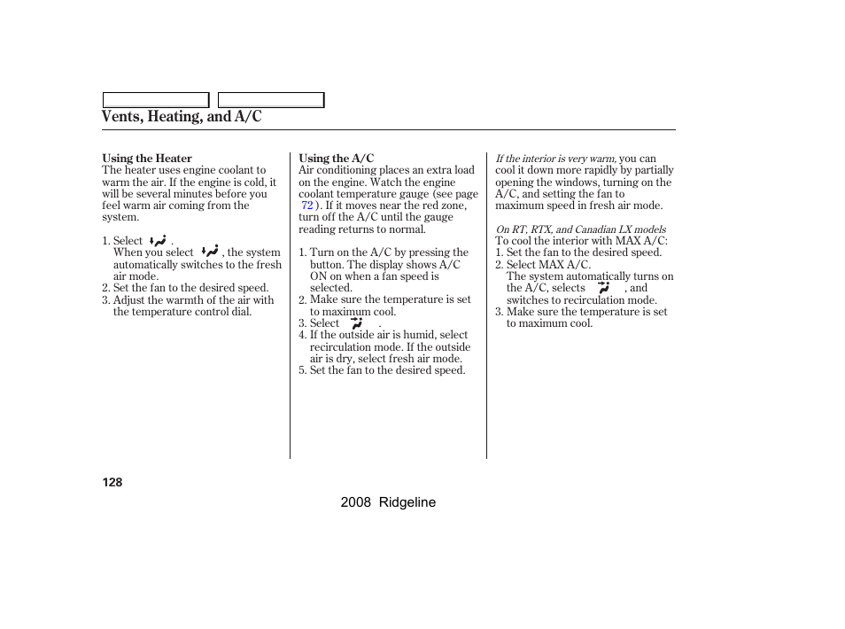 Vents, heating, and a/c | HONDA 2008 Ridgeline User Manual | Page 132 / 341