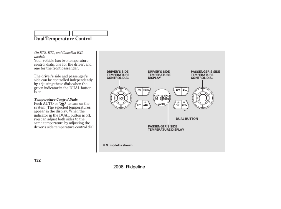 Dual temperature control, 2008 ridgeline | HONDA 2008 Ridgeline User Manual | Page 136 / 341