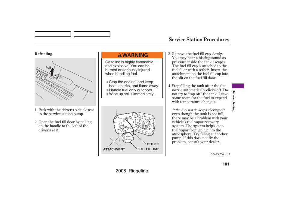 Service station procedures, 2008 ridgeline | HONDA 2008 Ridgeline User Manual | Page 185 / 341