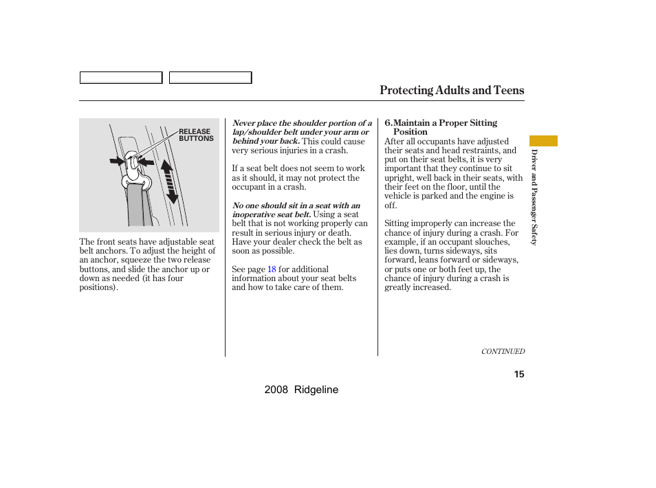 Protecting adults and teens, 2008 ridgeline | HONDA 2008 Ridgeline User Manual | Page 19 / 341